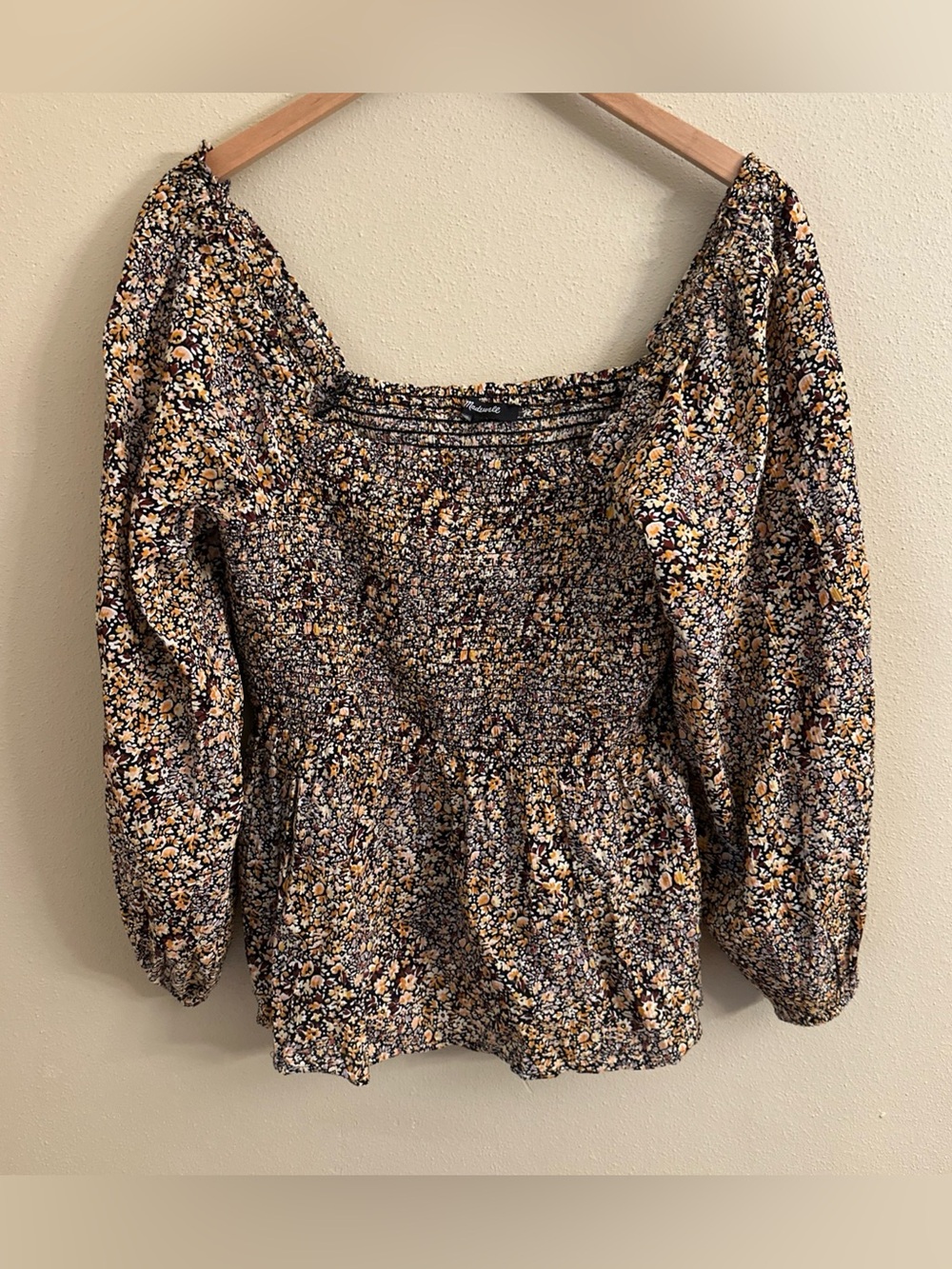 Madewell Lucie Smocked Square Neck Peplum Floral Blouse size 12 Cottagecore